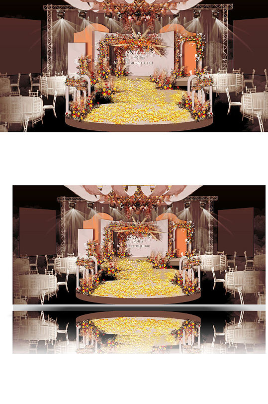 粉色婚礼效果图设计橙色浪漫舞台合影-众图网