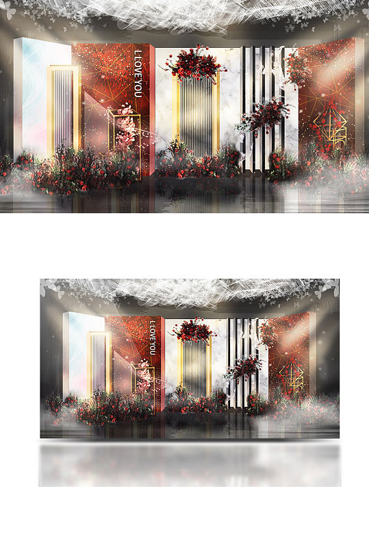 红白粉渲染色婚礼效果图欧式合影背景板-众图网