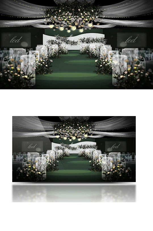 白绿墨绿简约森系泰式婚礼效果图舞台轻奢-众图网