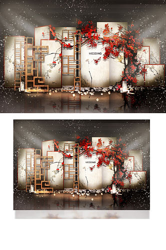 新中式婚礼合影区效果图红色大气背景板