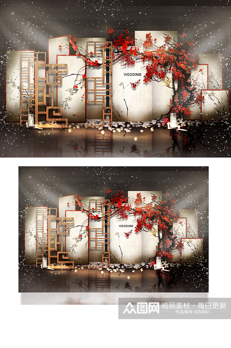 新中式婚礼合影区效果图红色大气背景板素材