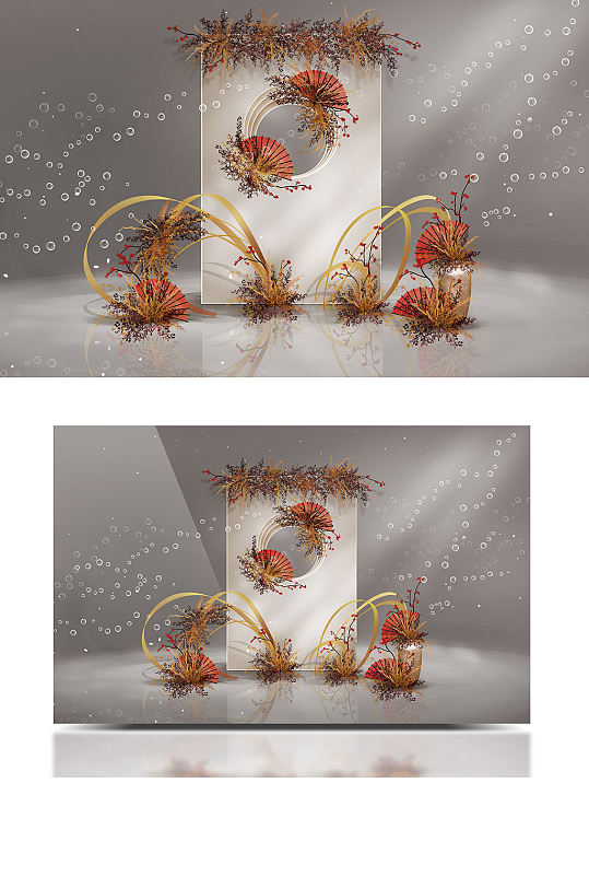 香槟色简约极简新中式国风婚礼效果图留影区-众图网