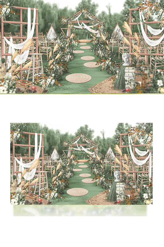 白绿波西米亚户外婚礼清新木质复古浪漫草坪-众图网