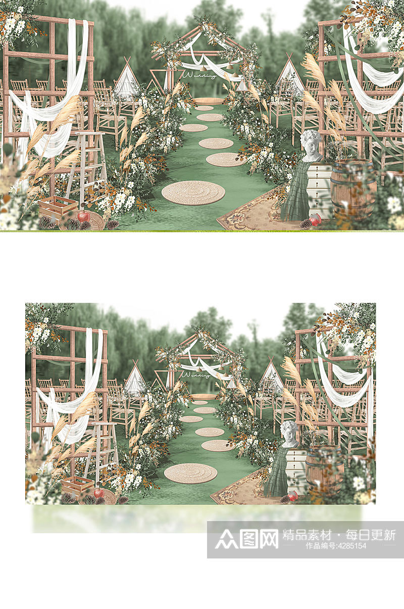 白绿波西米亚户外婚礼清新木质复古浪漫草坪素材