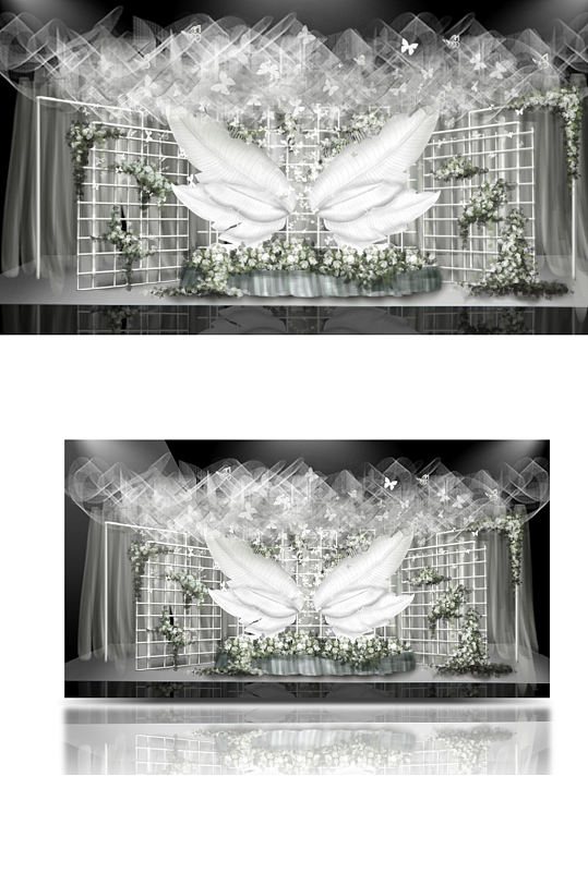 羽毛造型白绿小清新婚礼效果图梦幻舞台-众图网