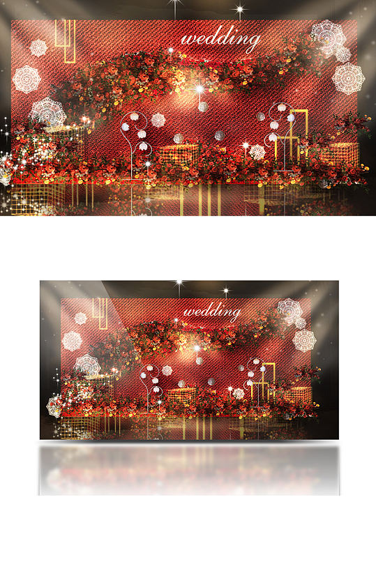 旋转红金色婚礼效果图合影迎宾背景板-众图网