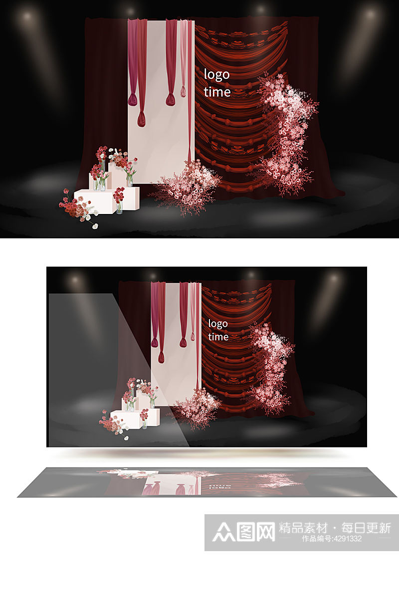 红色编织婚礼效果图室内婚礼主背景中式浪漫素材