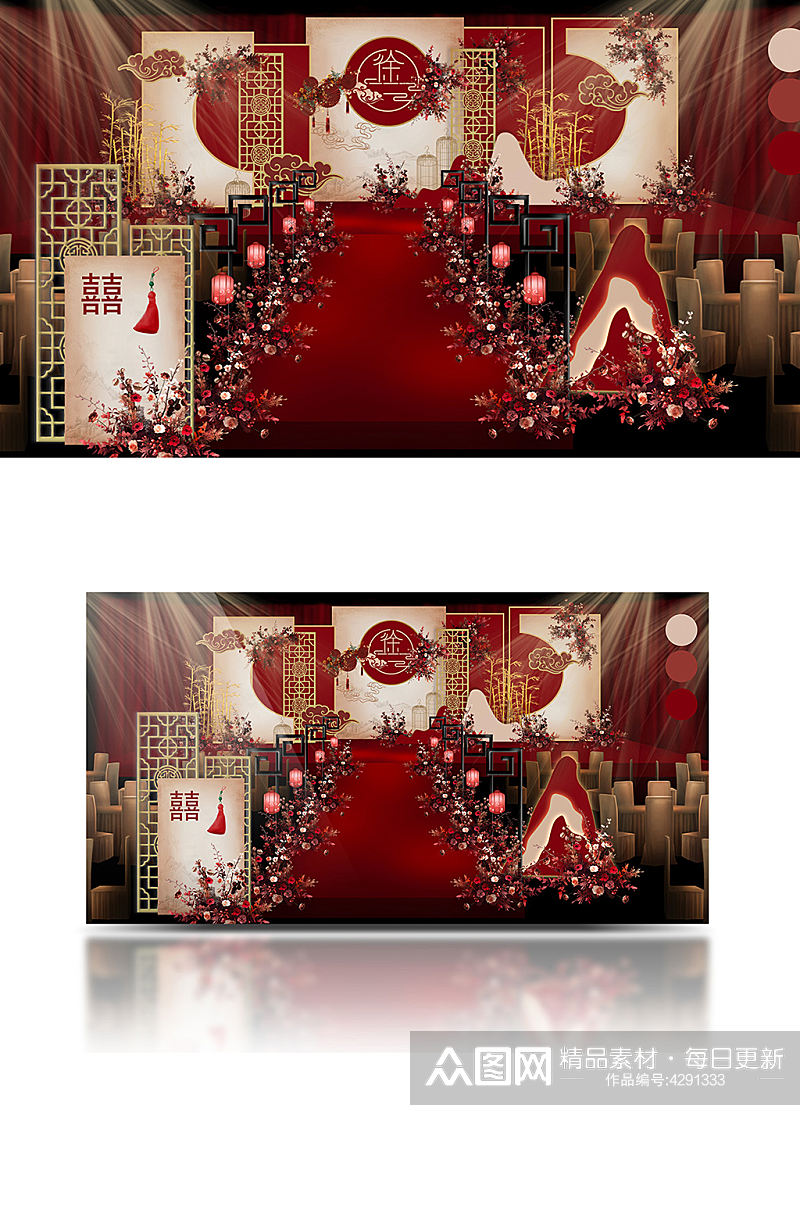 红色新中式婚礼背景大气浪漫温馨舞台素材