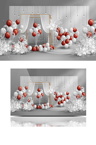 红白撞色求婚派对布置气球婚礼效果图浪漫