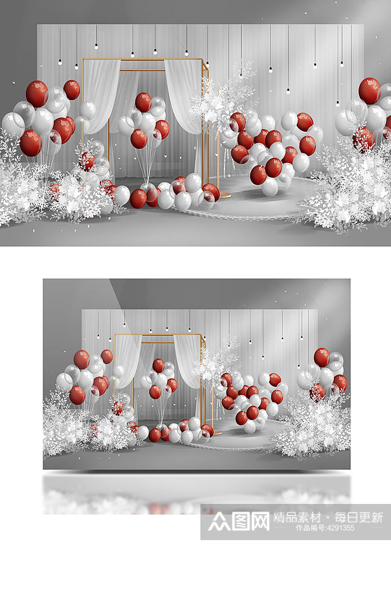 红白撞色求婚派对布置气球婚礼效果图浪漫素材