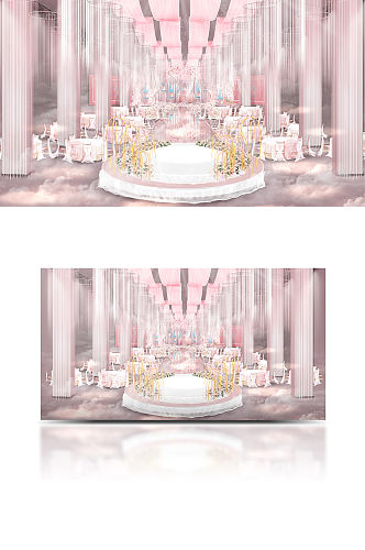 原创粉色梦幻童话城堡婚礼仪式区效果图舞台