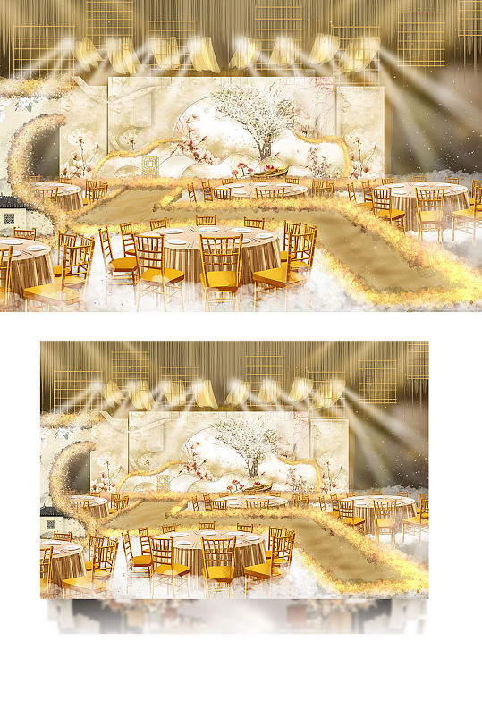 新中式麦秆黄婚礼效果图香槟色舞台轻奢-众图网