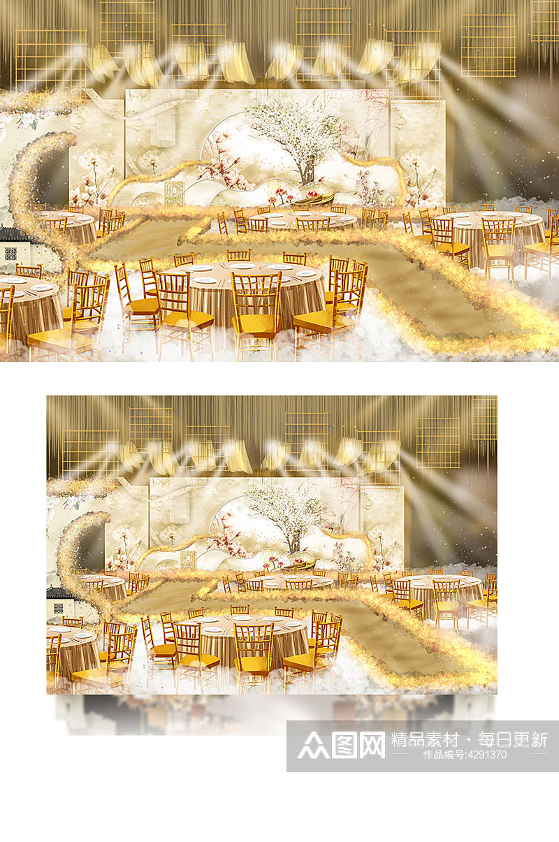新中式麦秆黄婚礼效果图香槟色舞台轻奢素材