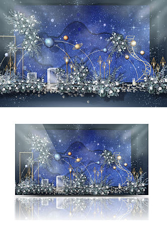 星空婚礼迎宾区效果图蓝色梦幻合影背景板