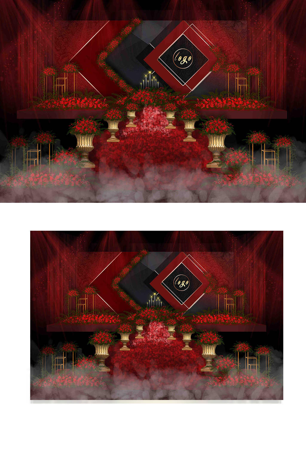 红黑几何婚礼效果图大气舞台浪漫合影仪式区素材