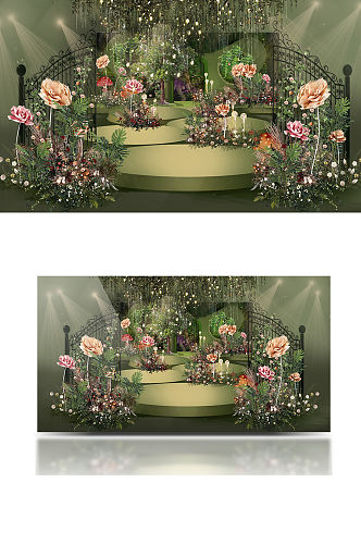 森系梦幻仙女婚礼效果图绿色花朵圆形舞台