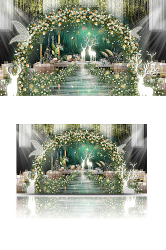 林深时见鹿梦幻森系婚礼效果图白绿花朵舞台