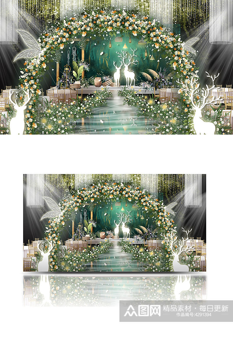 林深时见鹿梦幻森系婚礼效果图白绿花朵舞台素材