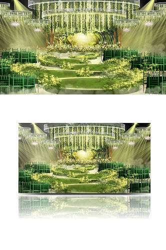 森系婚礼舞台吊顶效果图绿色清新梦幻圆形