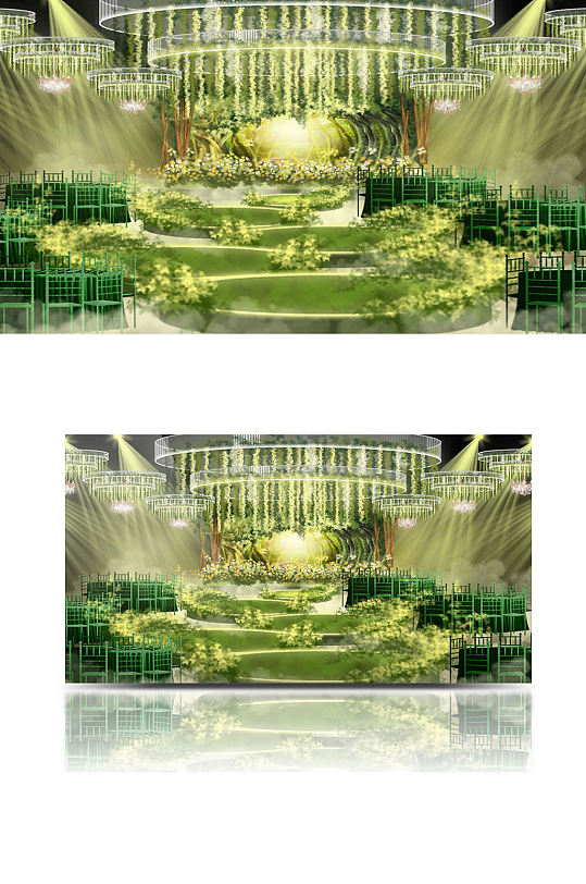 森系婚礼舞台吊顶效果图绿色清新梦幻圆形-众图网