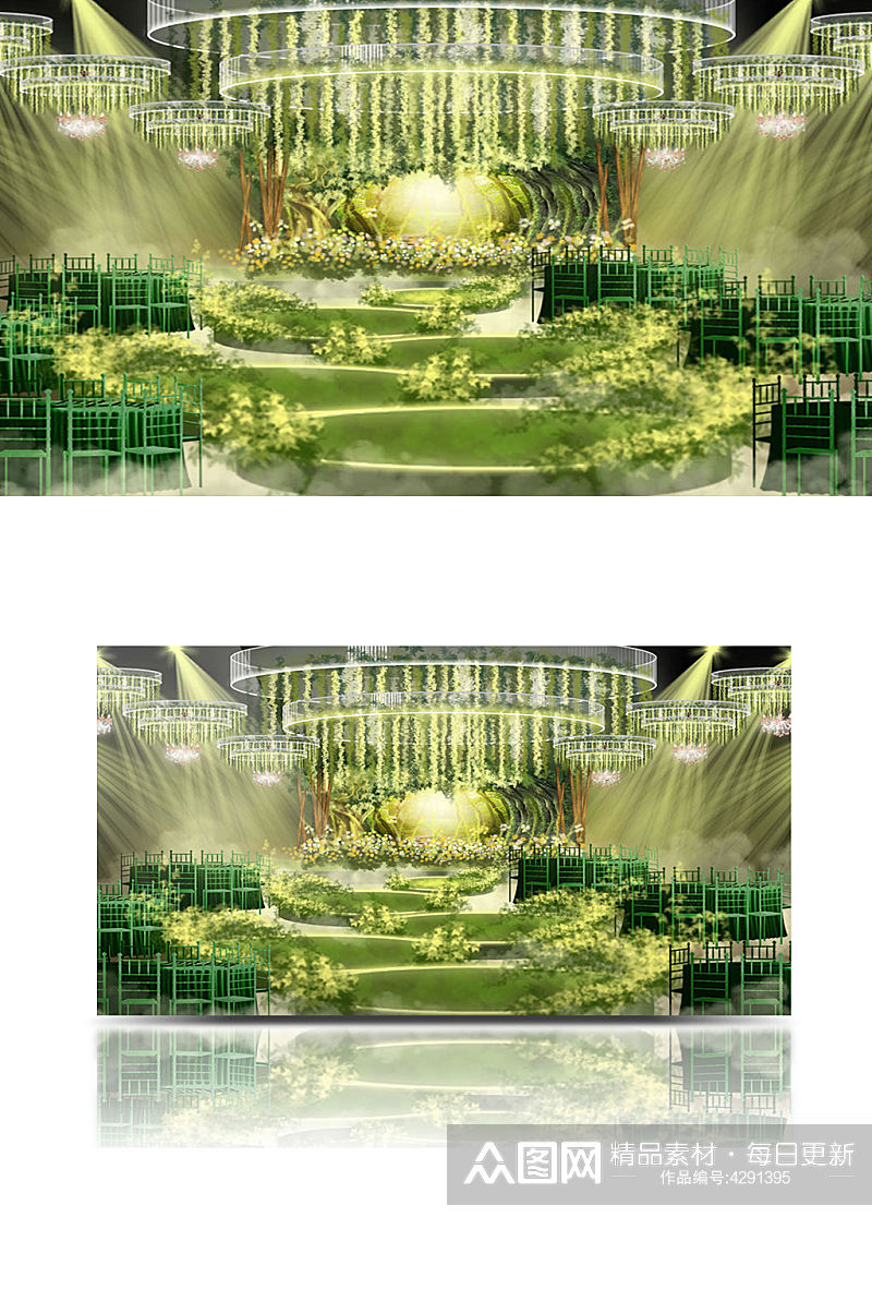 森系婚礼舞台吊顶效果图绿色清新梦幻圆形素材