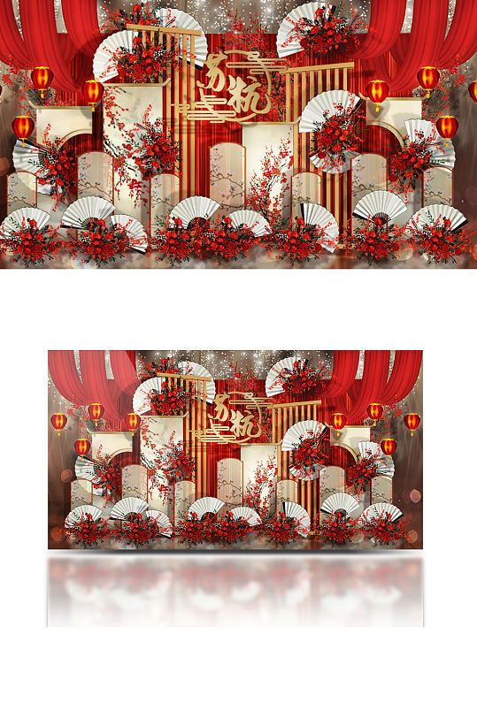 红色中式婚礼迎宾区效果图大气中国风背景板-众图网