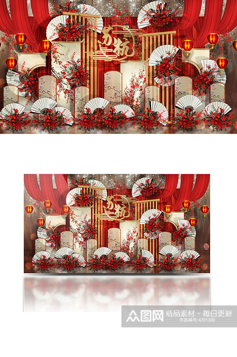 红色中式婚礼迎宾区效果图大气中国风背景板素材