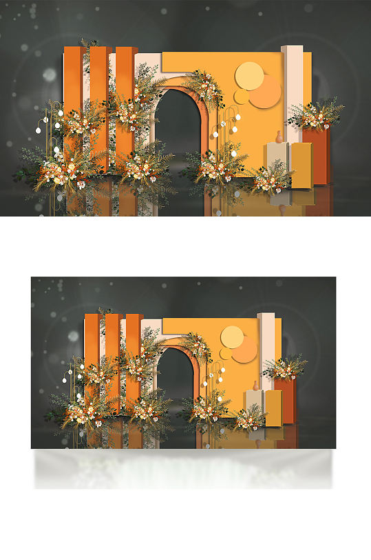 简约橙色撞色婚礼合影迎宾背景板浪漫-众图网