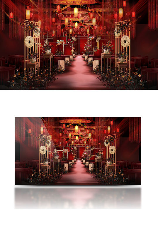 原创红色中式婚礼效果图大气舞台仪式区-众图网