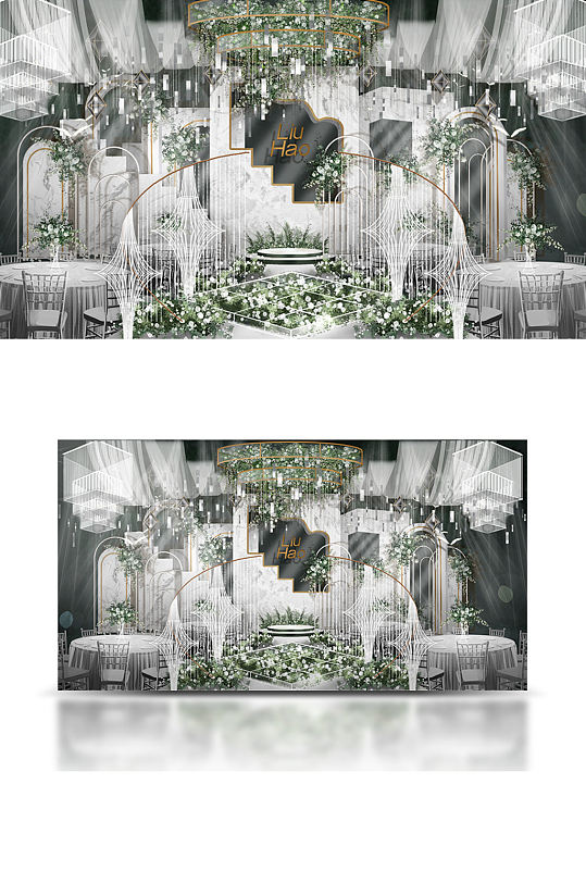 大理石墙体婚礼舞台效果图白绿色背景合影-众图网