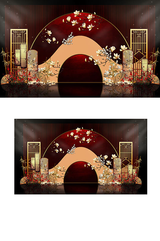 中式婚礼留影区效果图圆形合影背景板红金-众图网