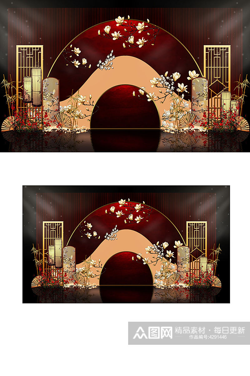 中式婚礼留影区效果图圆形合影背景板红金素材