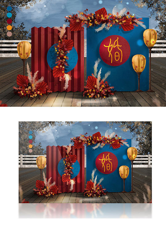 红蓝黄撞色新中式国潮风婚礼效果图迎宾背景-众图网