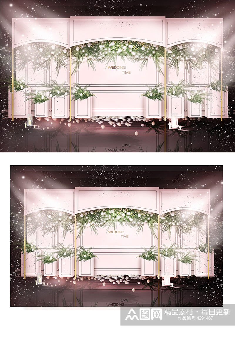 粉色婚礼合影区效果图浪漫温馨迎宾背景板素材