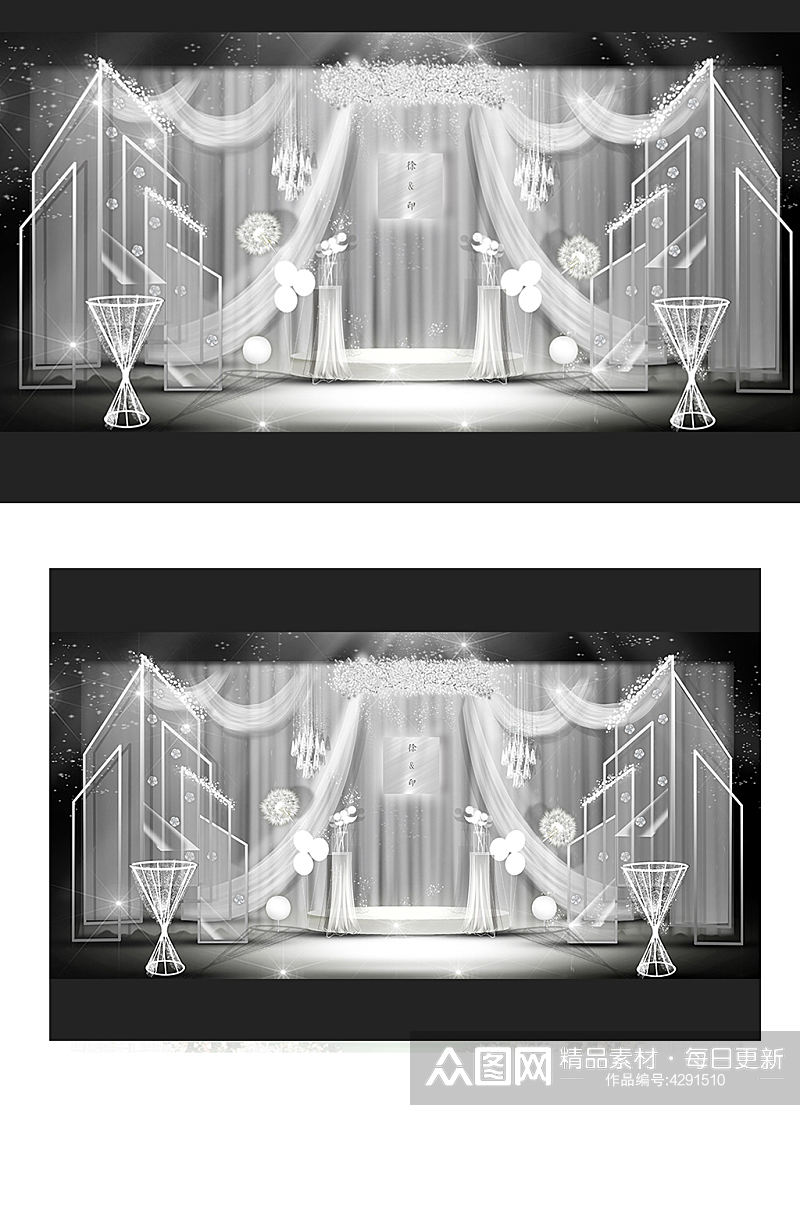 重金属白灰色婚礼效果图梦幻浪漫温馨背景板素材