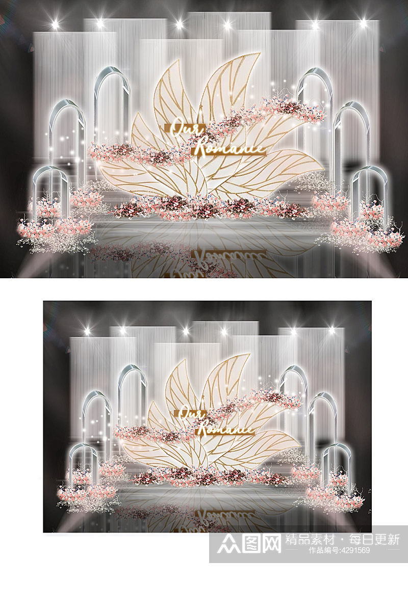 粉色花瓣扇形背景玻璃拱门艺术婚礼效果图素材