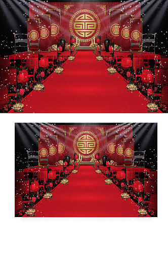 中式婚礼效果图中国风红色大气舞台浪漫