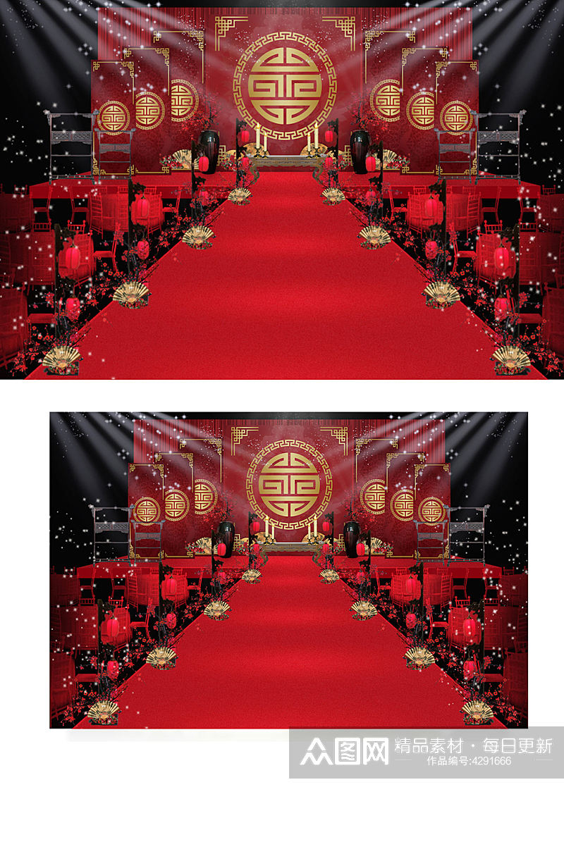 中式婚礼效果图中国风红色大气舞台浪漫素材