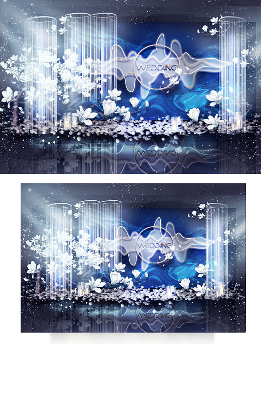 蓝色婚礼合影区效果图梦幻合影背景板浪漫-众图网