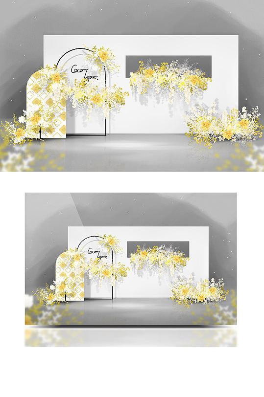柠檬黄白色小清新简约极简婚礼效果图迎宾区