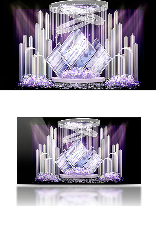 紫色婚礼迎宾区效果图温馨浪漫合影背景板-众图网