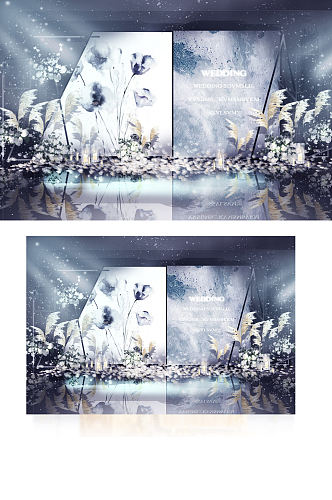 蓝色婚礼合影区效果图中国风浪漫背景板