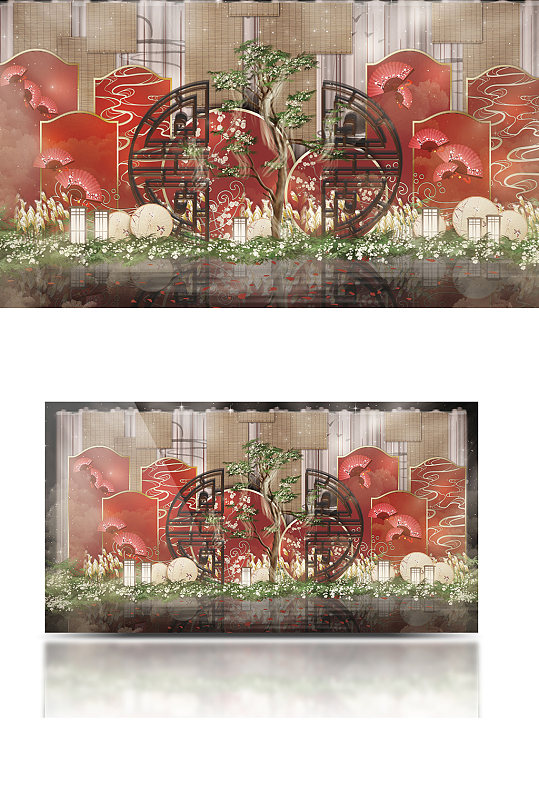 枣红色大气中式婚礼工装效果图合影背景板