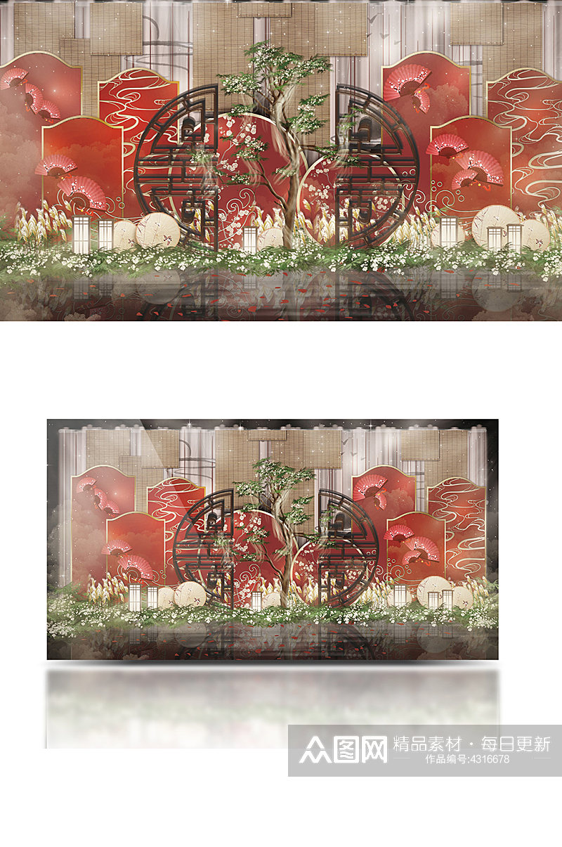 枣红色大气中式婚礼工装效果图合影背景板素材