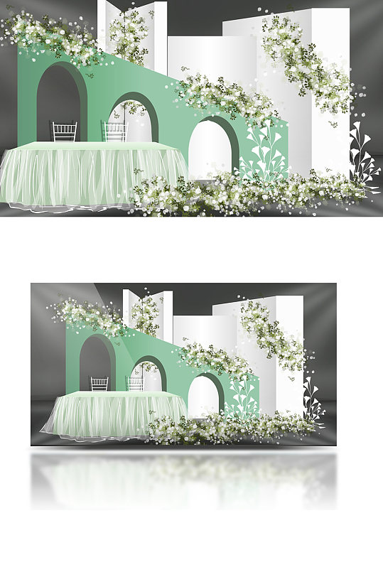 白绿小清新签到区背景板婚礼效果图迎宾区-众图网