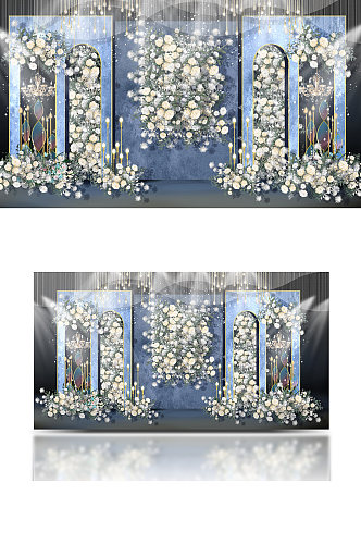 原创浅蓝色婚礼效果图设计合影背景板
