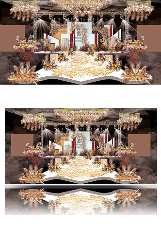橘色婚礼效果图设计温馨浪漫轻奢复古舞台