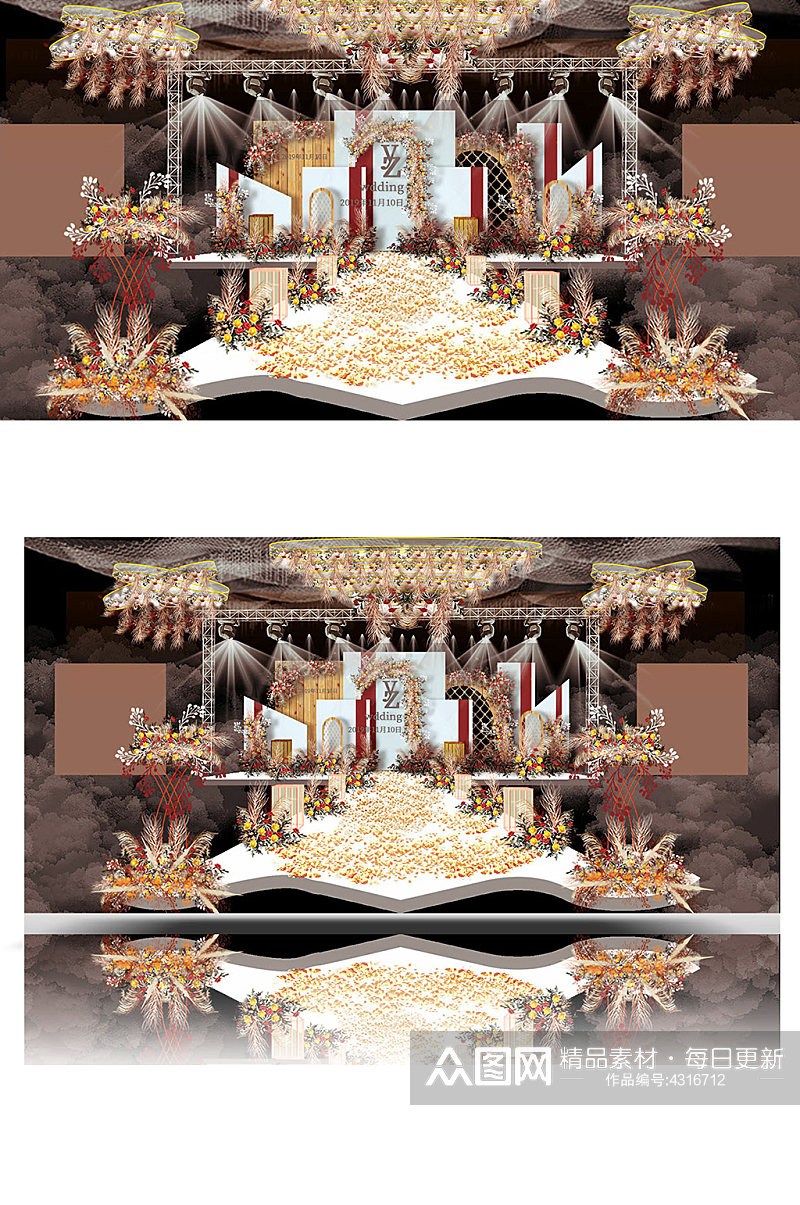 橘色婚礼效果图设计温馨浪漫轻奢复古舞台素材