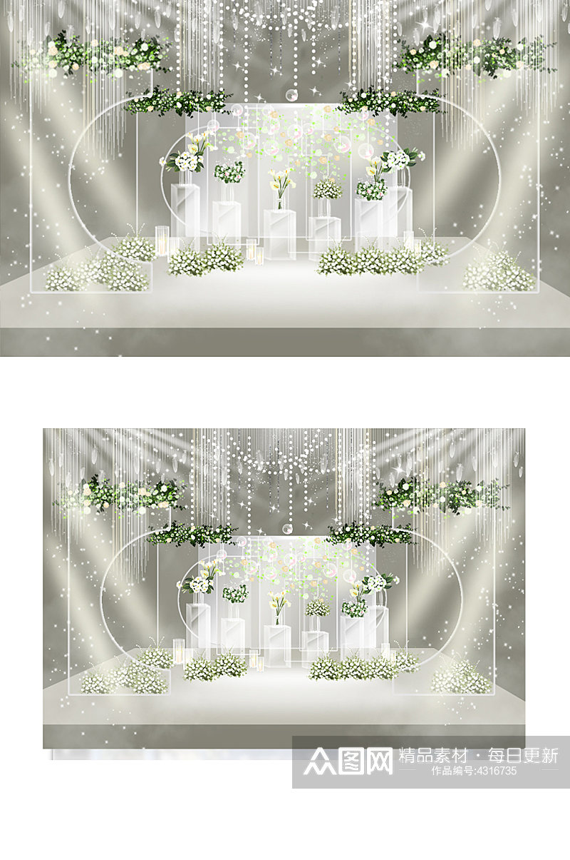 白绿小清新玻璃高级灰婚礼效果图迎宾区舞台素材