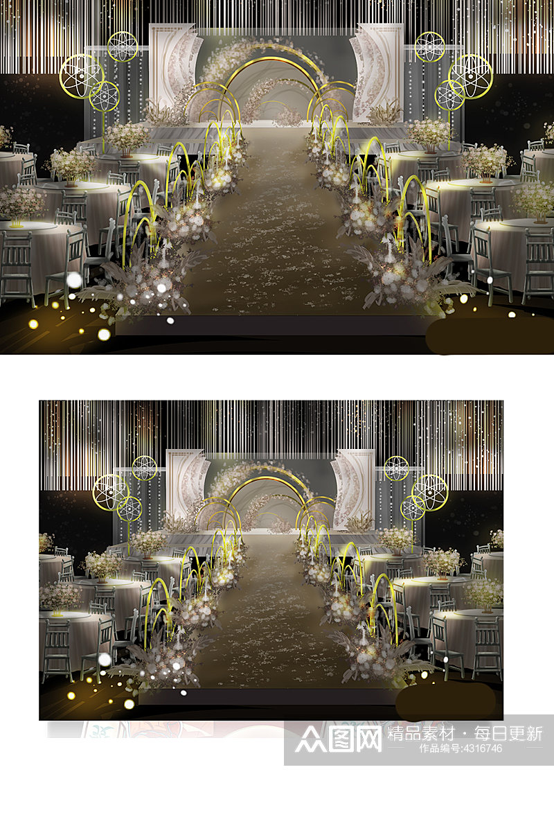 梦幻香槟色婚礼效果图舞台浪漫大气轻奢素材